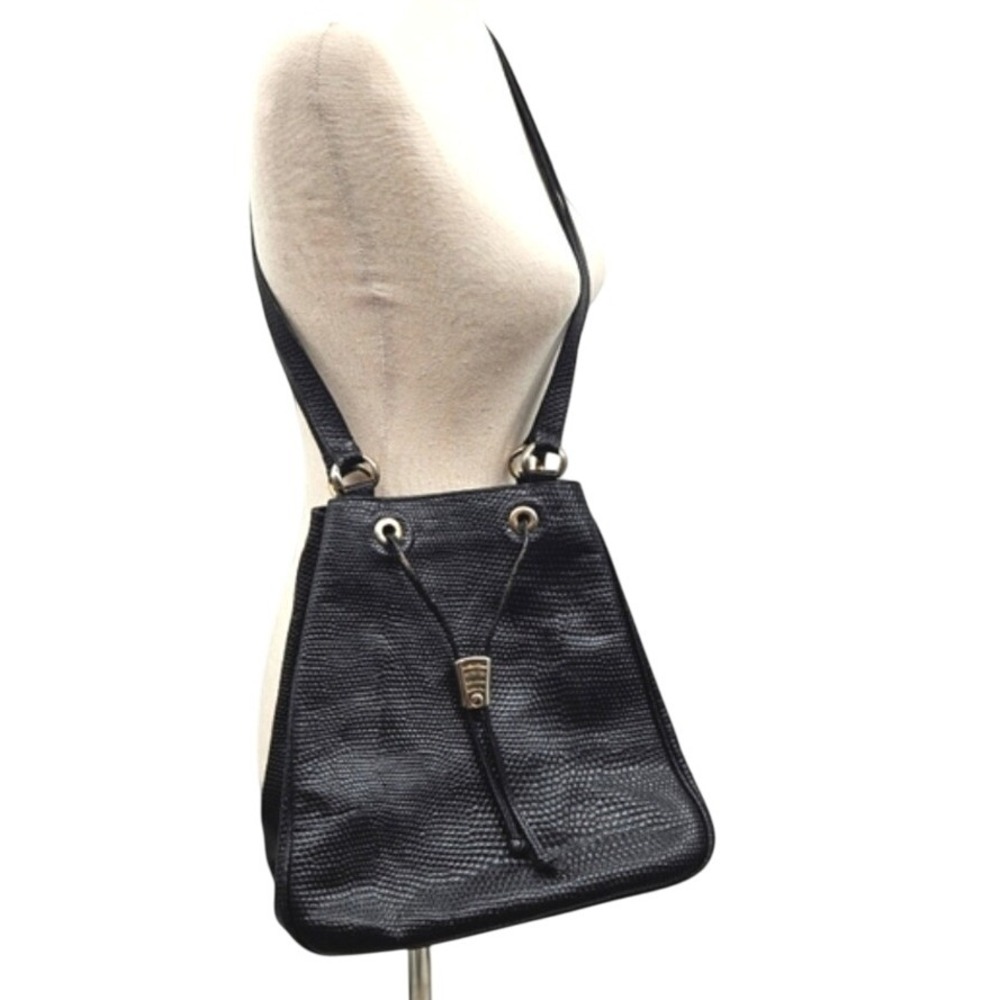 Black Lizard Embossed Leather Bucket Bag Drawstring Closure Silver Hardware